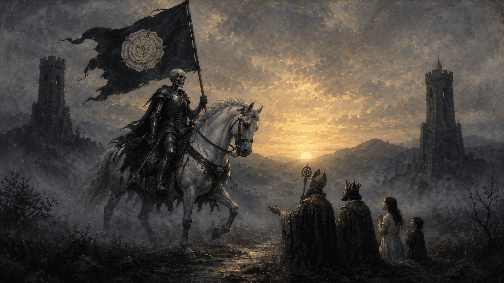 The RWS Death card: an armored skeleton on a white horse carries a black flag bearing a white rose, while figures of a king, bishop, maiden, and child stand in its path beneath a rising sun