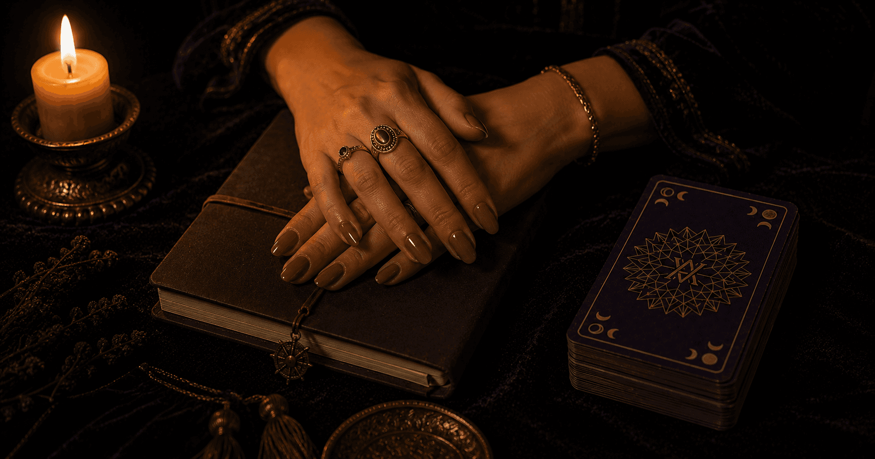 Manos apoyadas sobre un cuaderno cerrado y un mazo de tarot en una mesa iluminada por velas