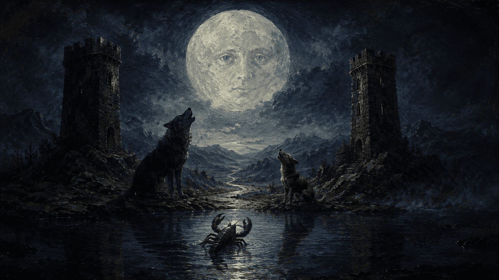 Un sendero iluminado por la luna que se extiende entre dos torres sombrías bajo un gran rostro lunar resplandeciente, con un perro y un lobo aullando hacia la luz y un cangrejo de río emergiendo de un estanque quieto en primer plano