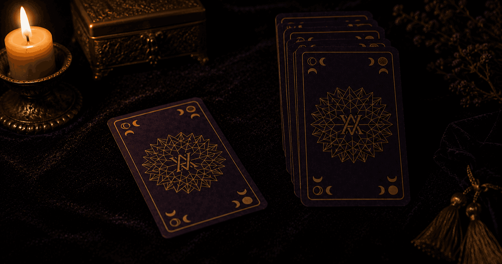 Una sola carta de tarot apoyada boca abajo sobre una superficie oscura junto a cartas al derecho
