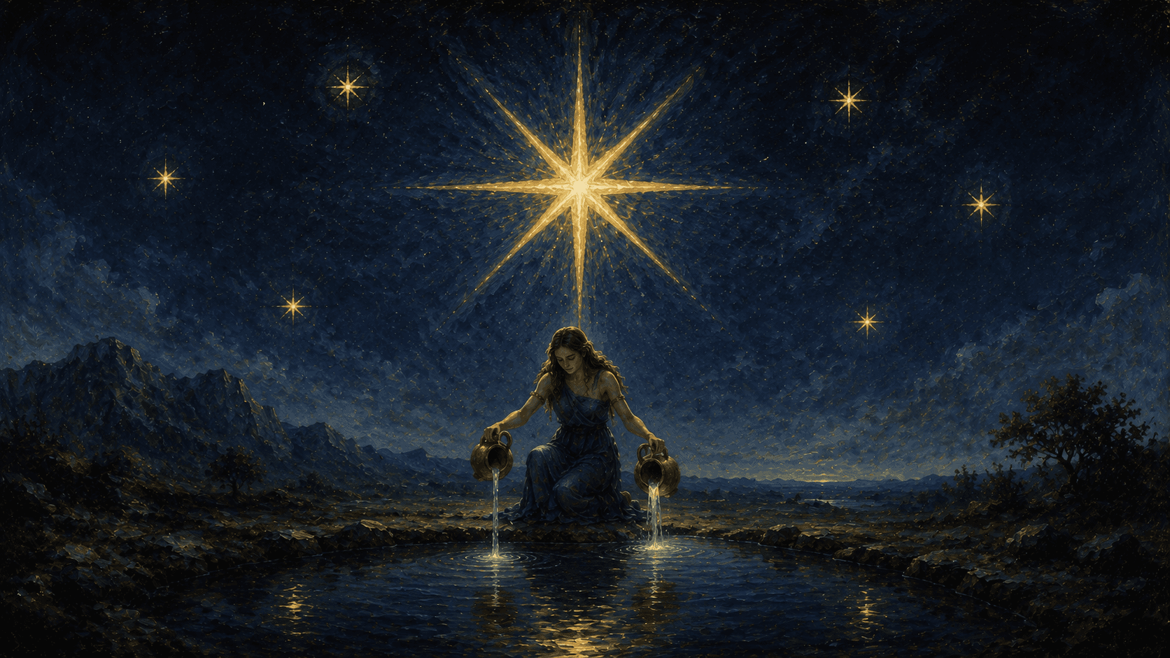 A naked figure kneels at the edge of a pool beneath a vast 8-pointed star, pouring water from two vessels under a dark sky filled with seven smaller stars