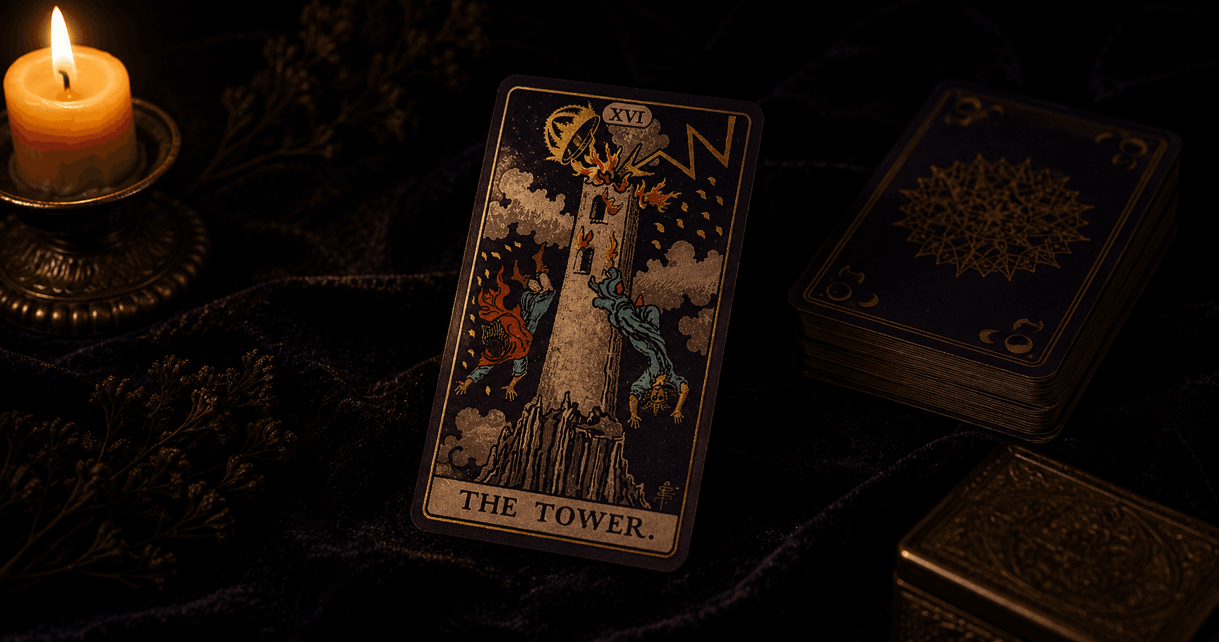 The Tower tarot card: a tall tower struck by lightning with figures falling from it