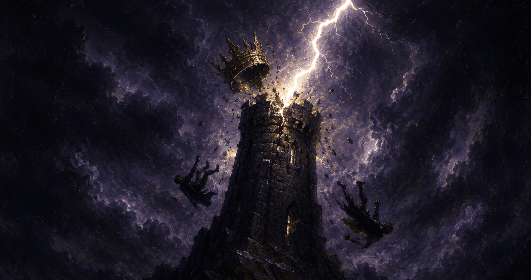 Un rayo cae sobre una torre de piedra en la noche, arrancando una corona de su cima mientras dos figuras caen contra un cielo oscuro y turbulento — una escena de ruptura súbita y revelación forzada.