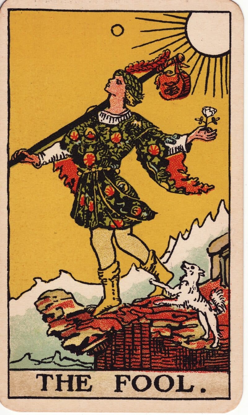 Carta de El Loco — figura joven en el borde de un acantilado con rosa blanca y bulto, baraja Rider-Waite-Smith
