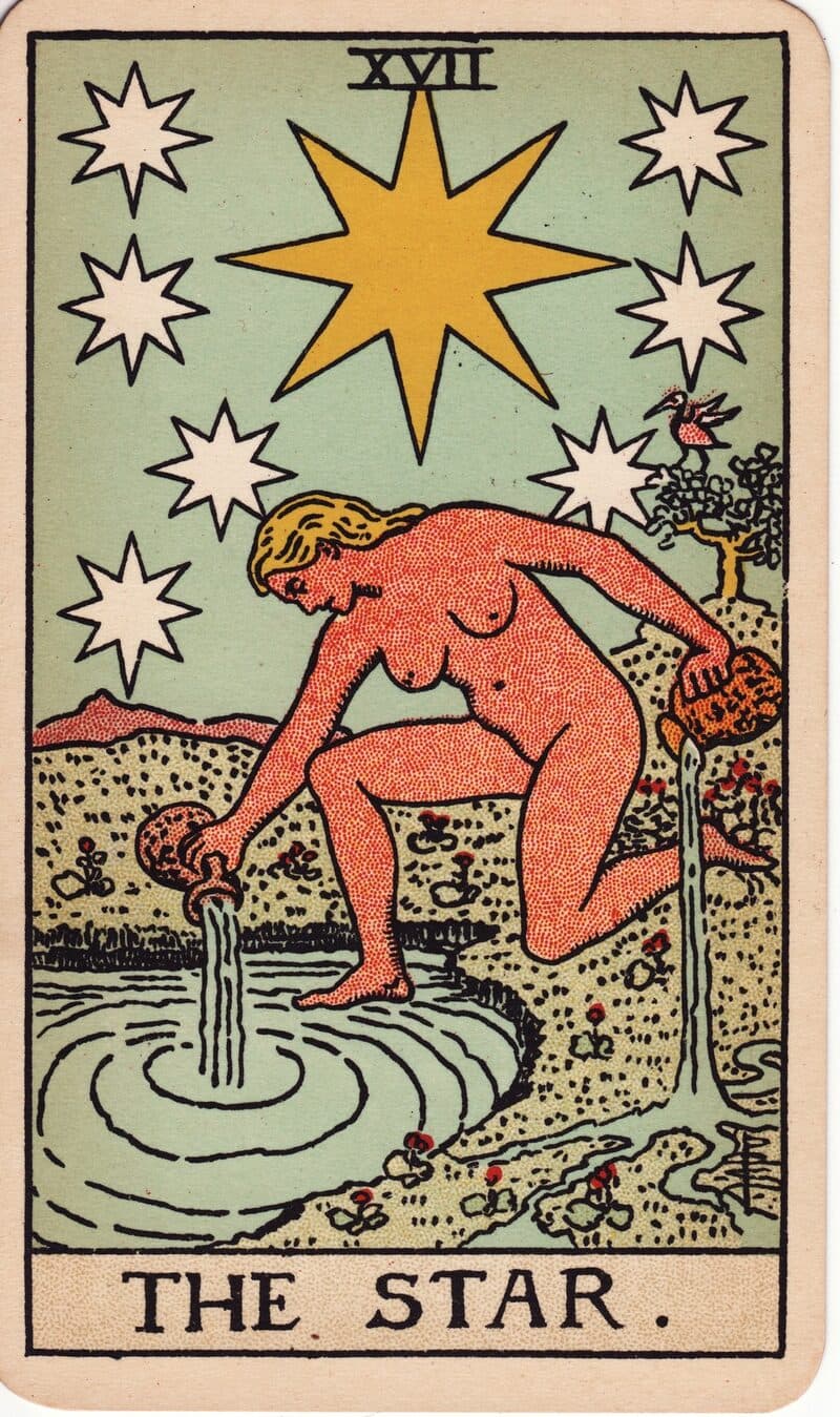 Carta de La Estrella — figura arrodillada vertiendo agua bajo ocho estrellas, baraja Rider-Waite-Smith