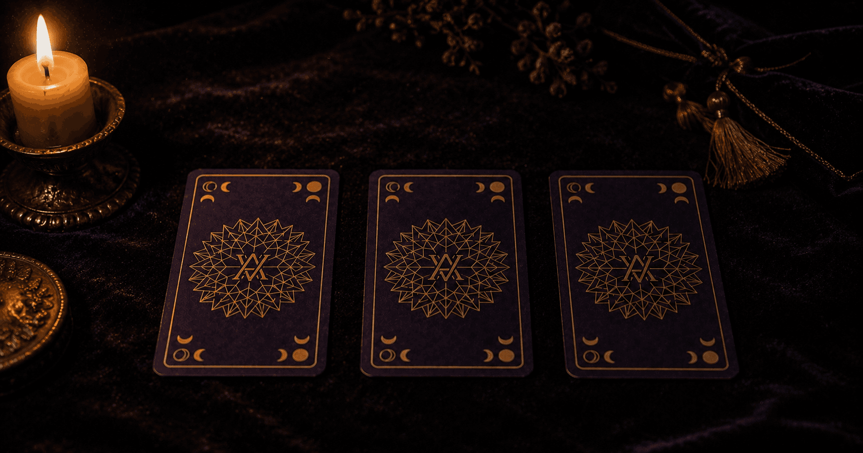 Three tarot cards laid in a row on dark cloth, lit by candlelight